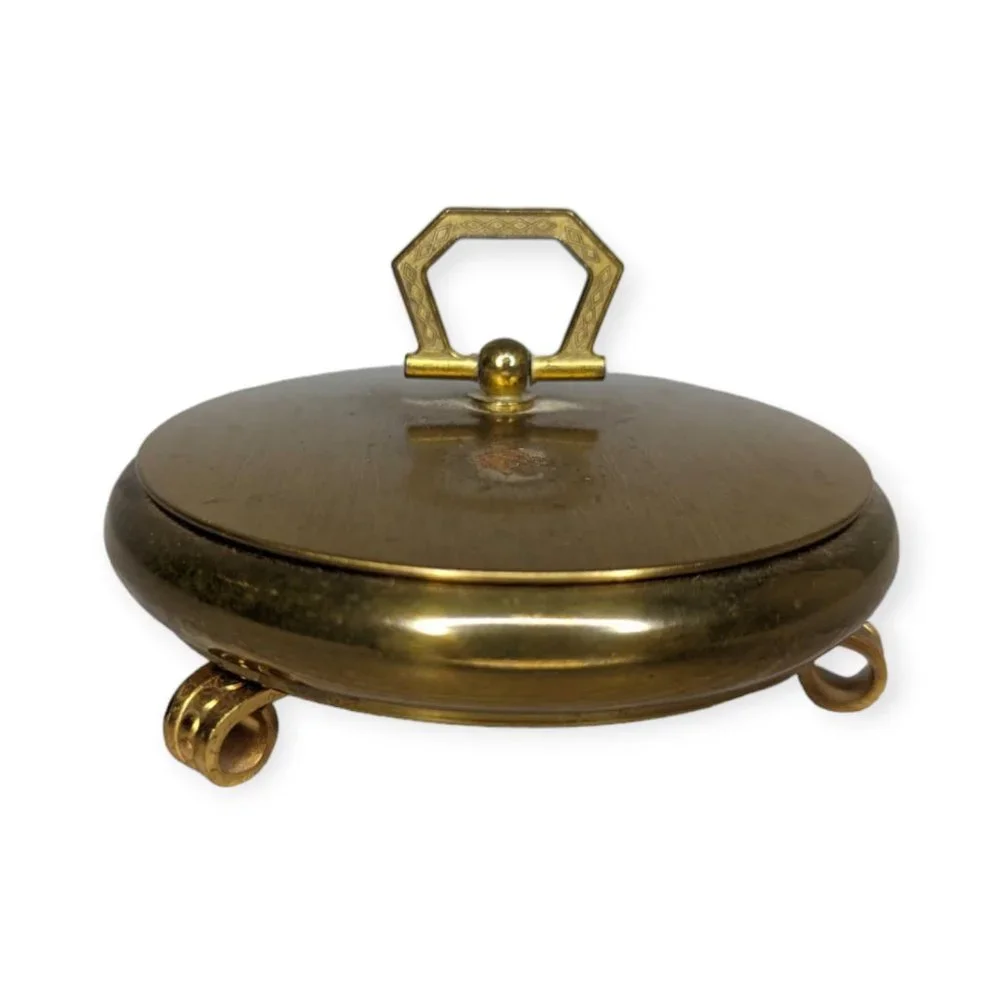 Vintage Footed Gold Tone Trinket/Jewelry Box w/ Red Velvet